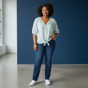 Hope & Harlow Woman Blue Lemon Print Tie Front Top Size 1X Short Sleeve Button